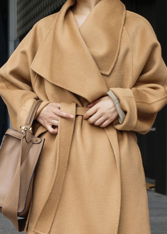 Camel Colour Peter Pan Collar Pockets Woolen Coat Long Sleeve