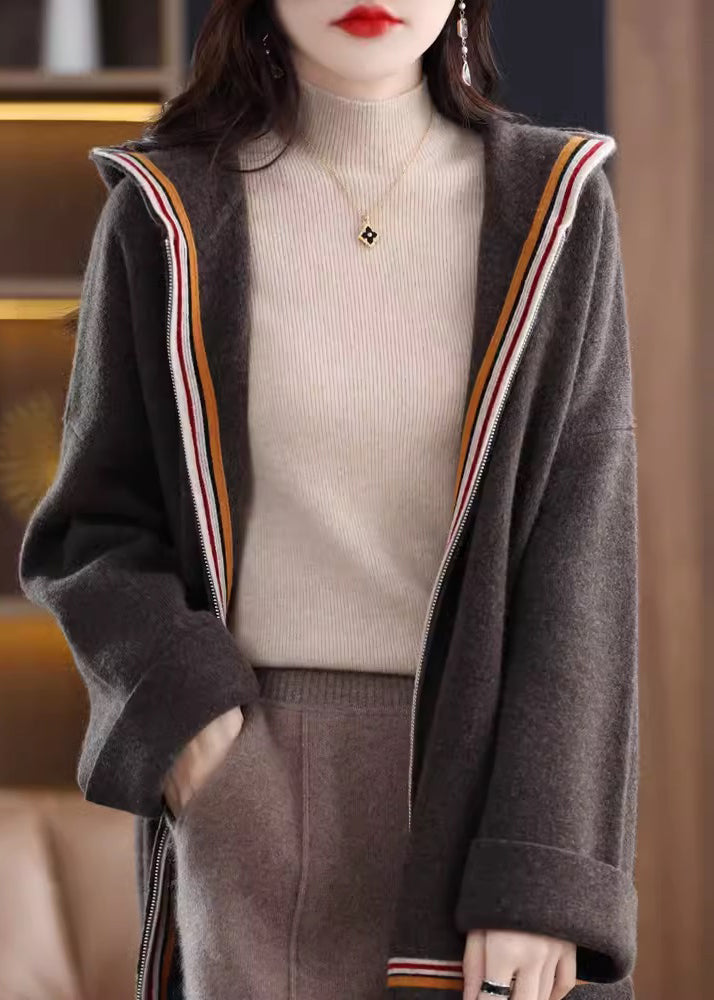 Camel Pockets Cashmere Hooded Cardigans Spring