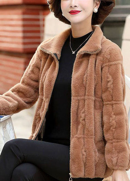 Camel Color Collar Zip Up Mink Hair Knitted Coats Winter