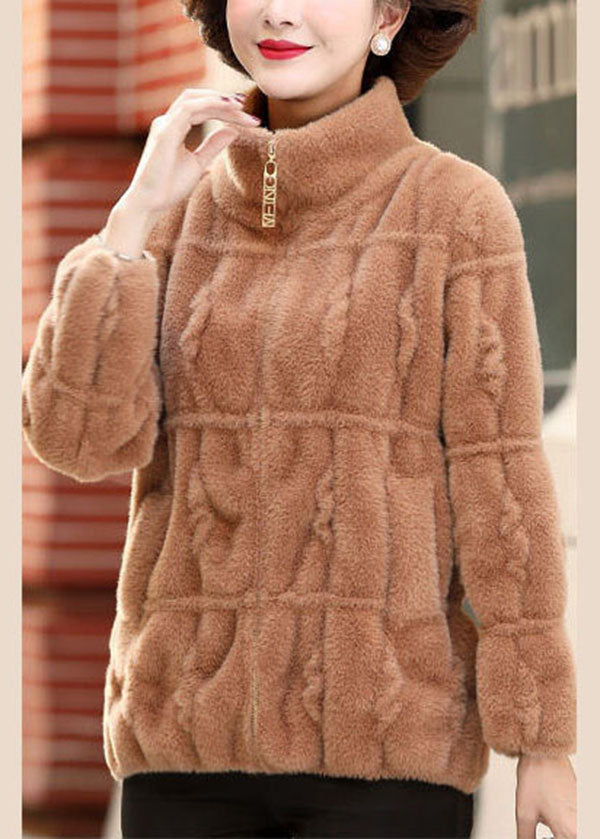 Camel Color Collar Zip Up Mink Hair Knitted Coats Winter