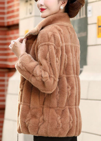 Camel Color Collar Zip Up Mink Hair Knitted Coats Winter