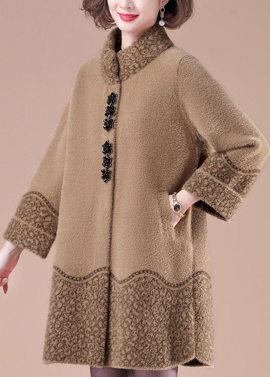 Camel Stand Collar Pockets Print Mink Hair Knitted Jackets Winter
