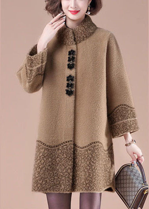 Camel Stand Collar Pockets Print Mink Hair Knitted Jackets Winter