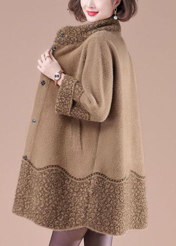 Camel Stand Collar Pockets Print Mink Hair Knitted Jackets Winter