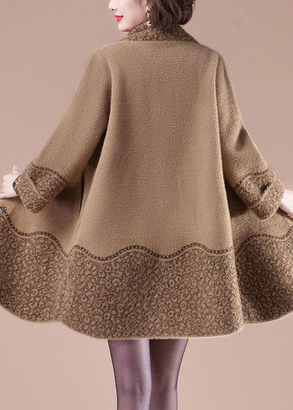 Camel Stand Collar Pockets Print Mink Hair Knitted Jackets Winter