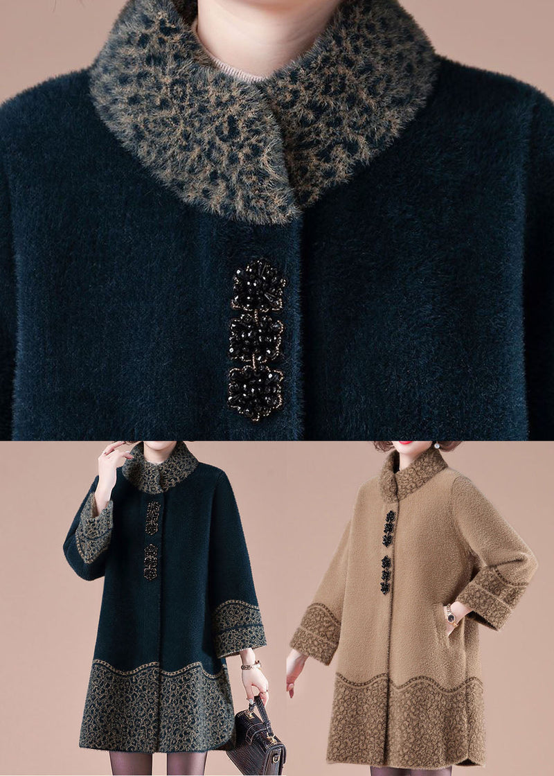 Camel Stand Collar Pockets Print Mink Hair Knitted Jackets Winter