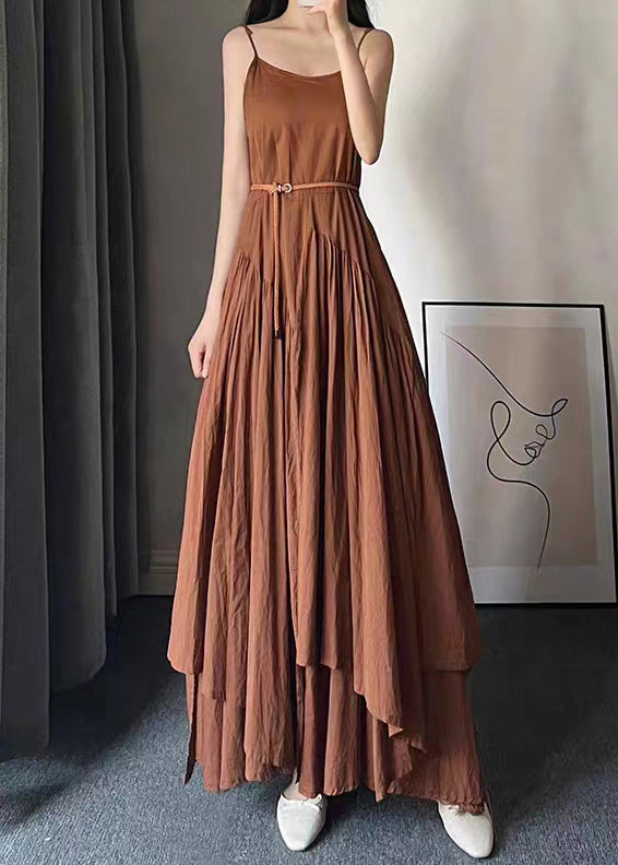 Caramel O Neck Wrinkled Patchwork Cotton Spaghetti Strap Dress Sleeveless