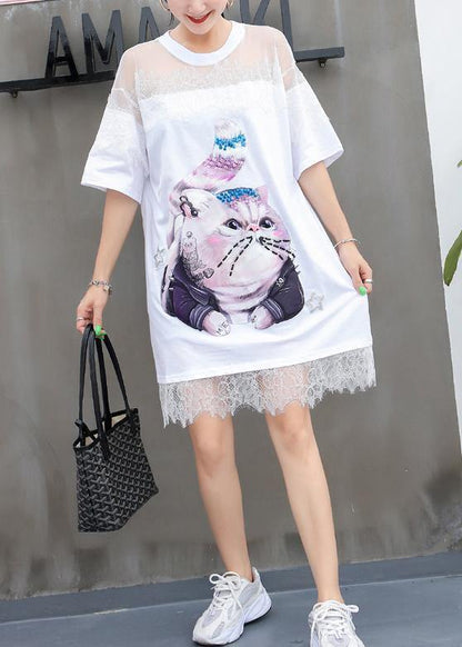 Cartoon Print Cotton Tunics Inspiration White Patchwork Lace Dresses Summer