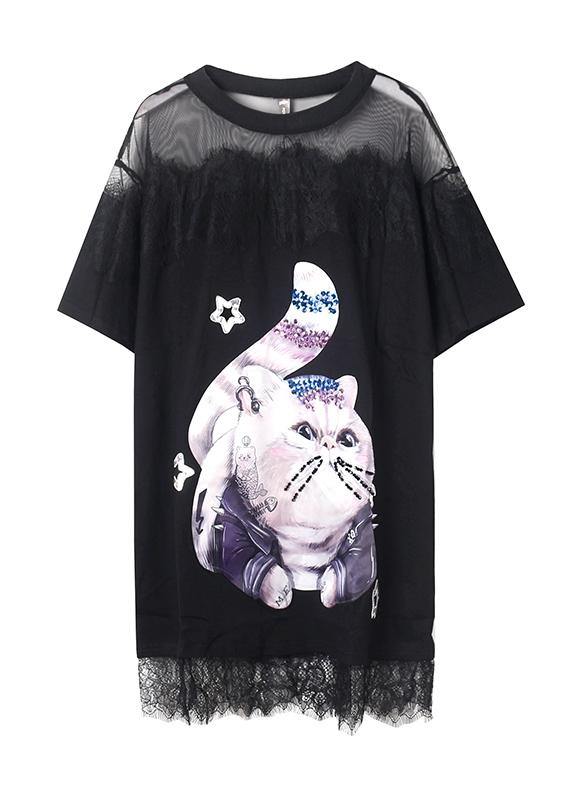 Cartoon Print Cotton Tunics Inspiration White Patchwork Lace Dresses Summer