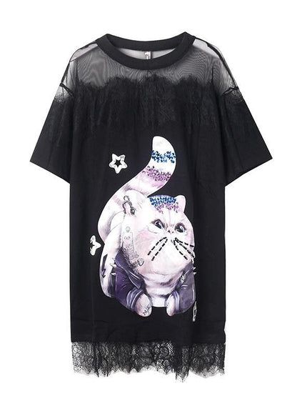 Cartoon Print Cotton Tunics Inspiration White Patchwork Lace Dresses Summer