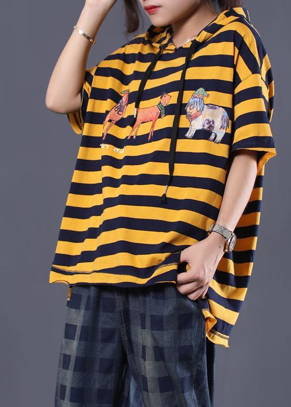 Cartoon Print Cotton Top Silhouette Neckline Yellow Striped Shirt Summer