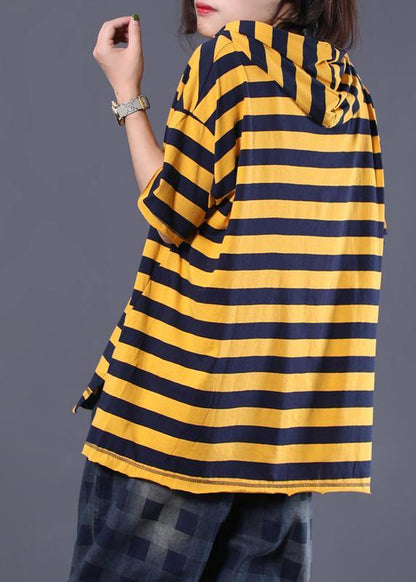 Cartoon Print Cotton Top Silhouette Neckline Yellow Striped Shirt Summer