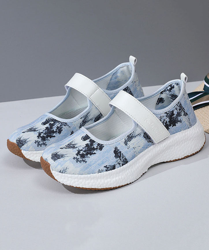 Blue Denim Fabric Print Flat Feet Shoes Buckle Strap