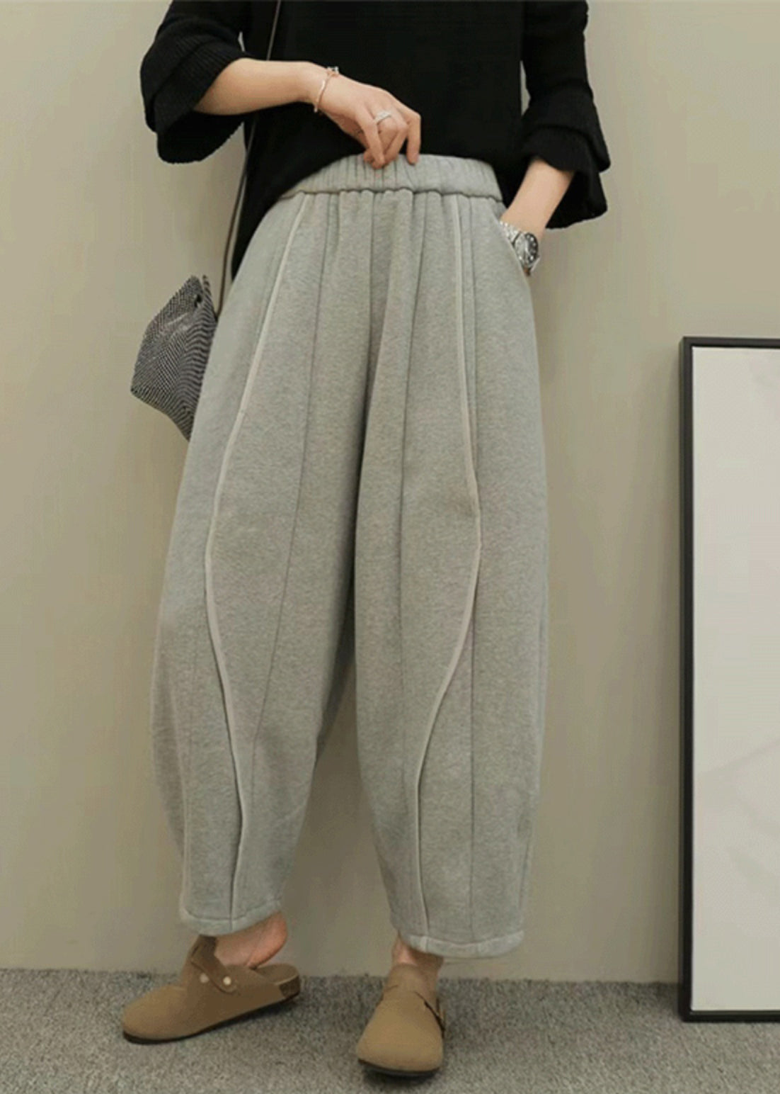 Grey Pockets Elastic Waist Patchwork Cotton Pants Spring