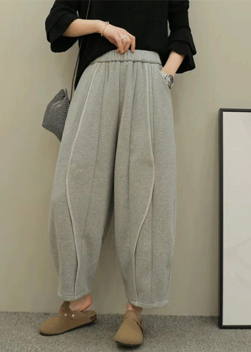 Grey Pockets Elastic Waist Patchwork Cotton Pants Spring