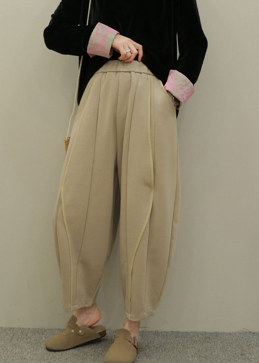 Grey Pockets Elastic Waist Patchwork Cotton Pants Spring