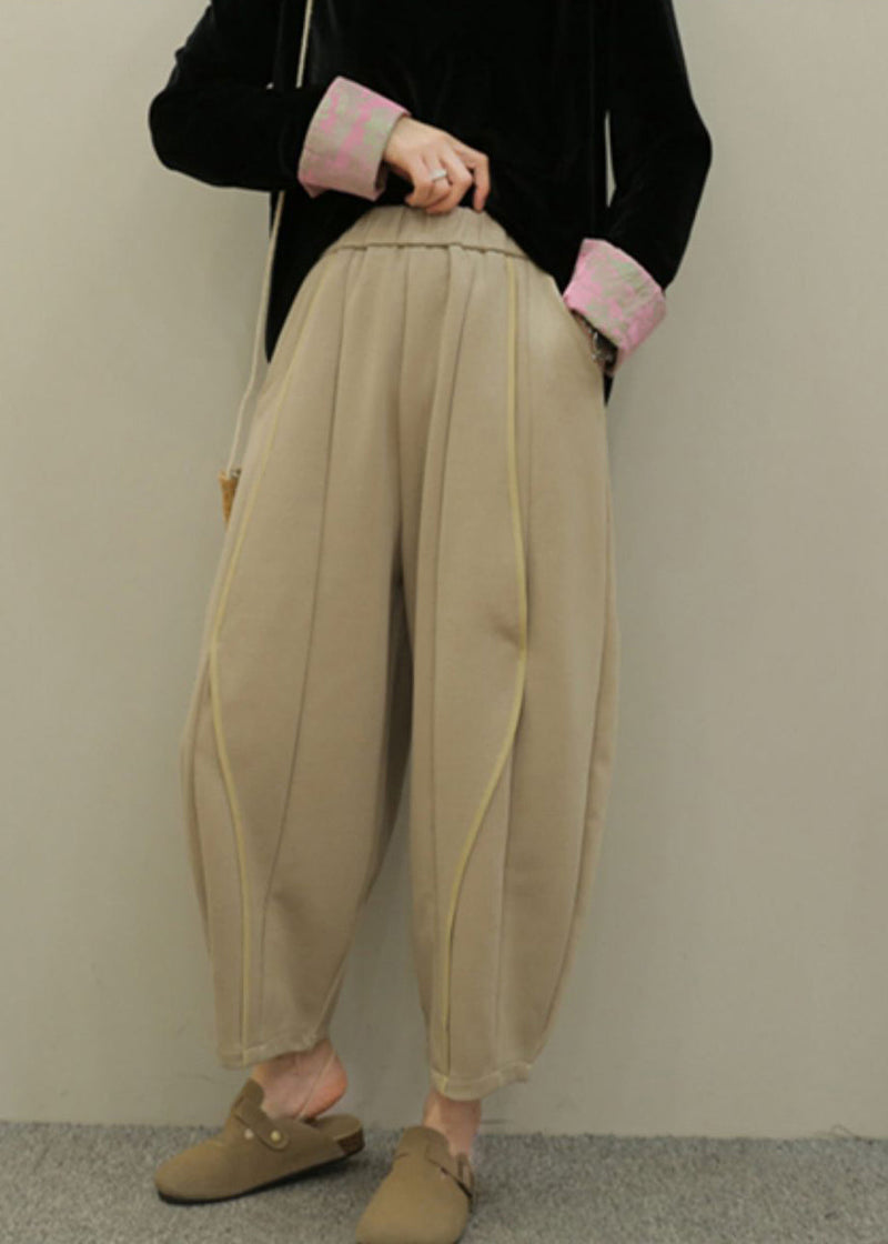 Grey Pockets Elastic Waist Patchwork Cotton Pants Spring