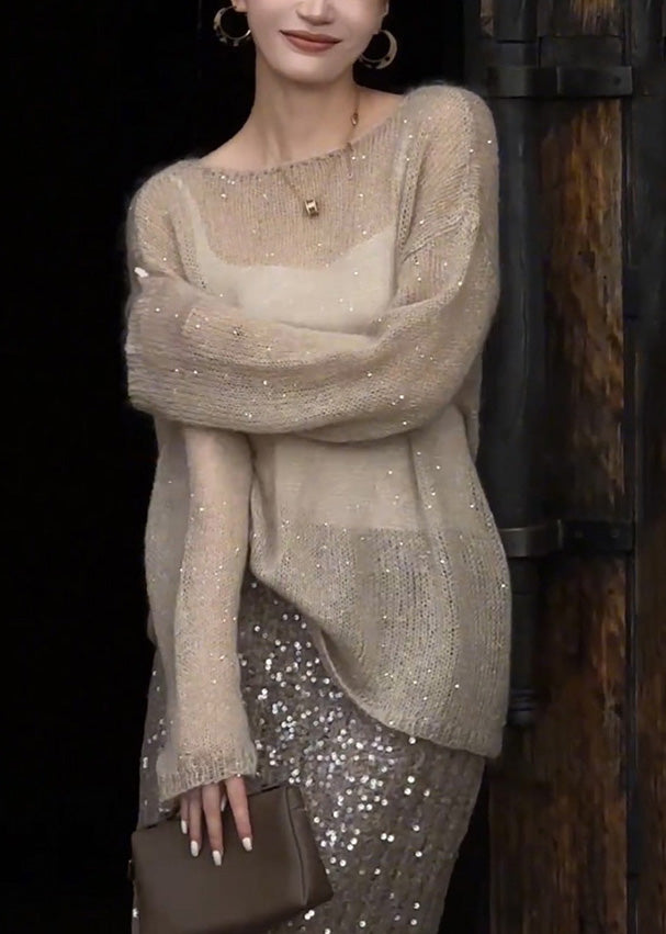 Champagne Color O Neck Sequins Thin Knit Top Spring