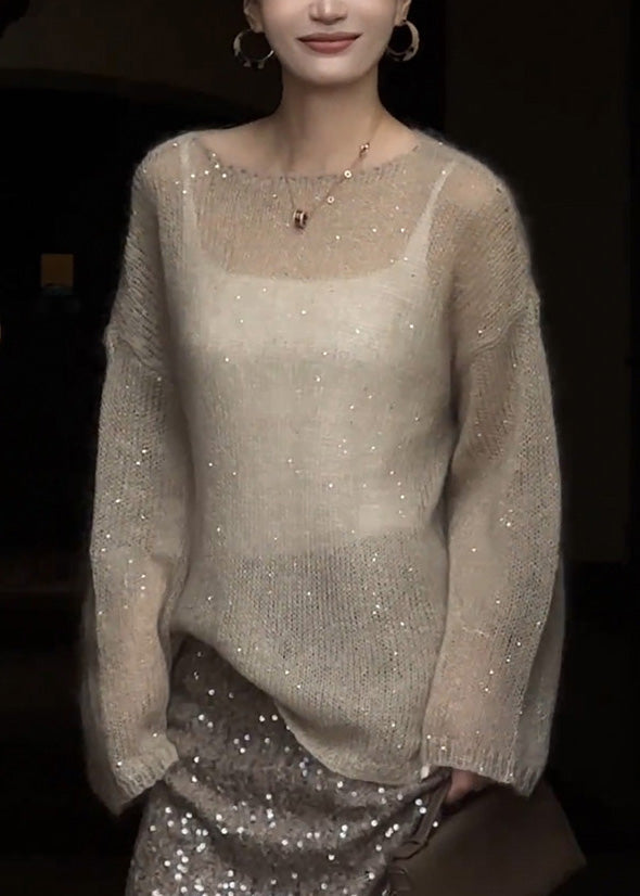 Champagne Color O Neck Sequins Thin Knit Top Spring