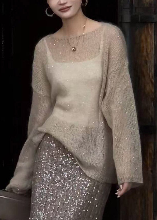 Women Champagne Color O Neck Sequins Thin Knit Top Spring