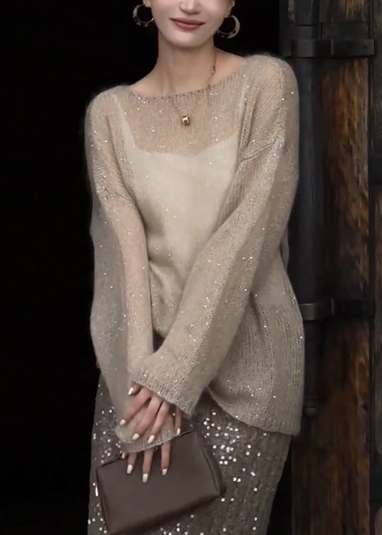 Champagne Color O Neck Sequins Thin Knit Top Spring