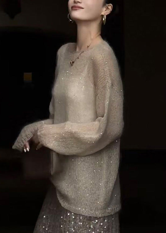 Champagne Color O Neck Sequins Thin Knit Top Spring
