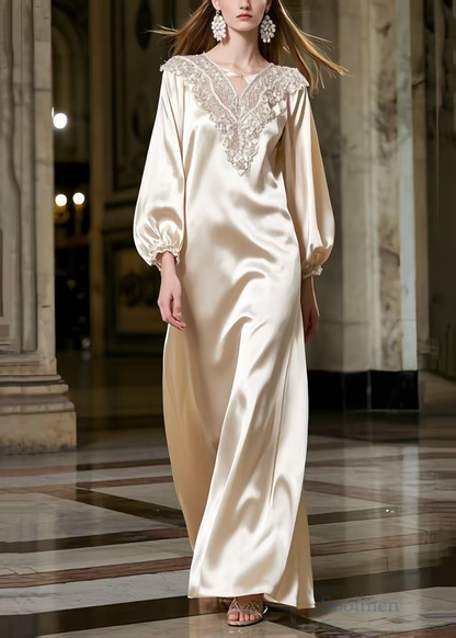 Champagne Lace Neck Draping Silk Robe Dresses Spring