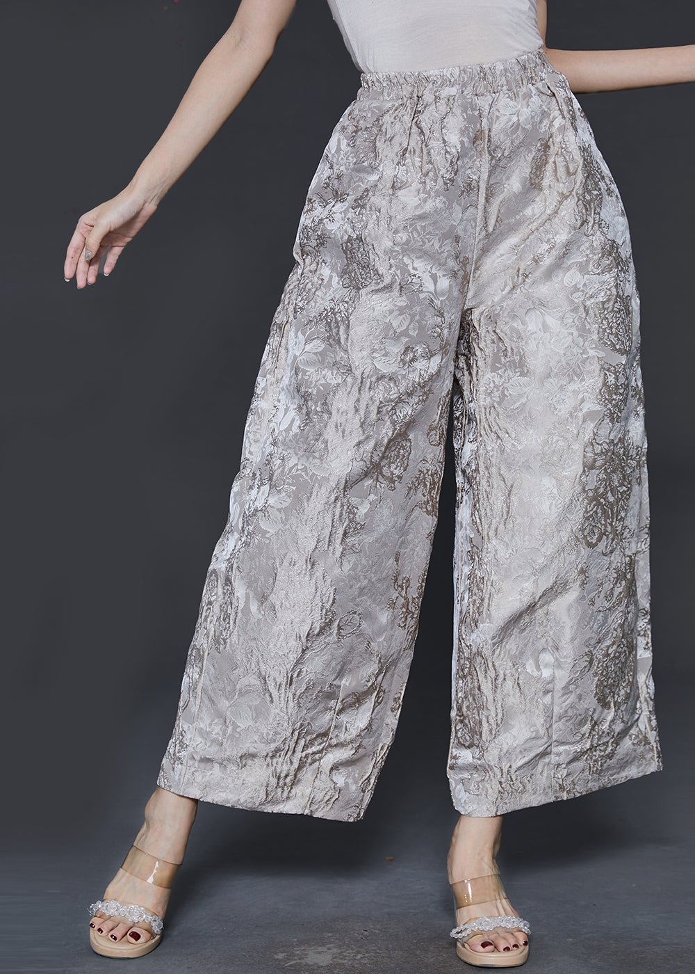 Champagne Oversized Jacquard Silk Wide Leg Pants Spring