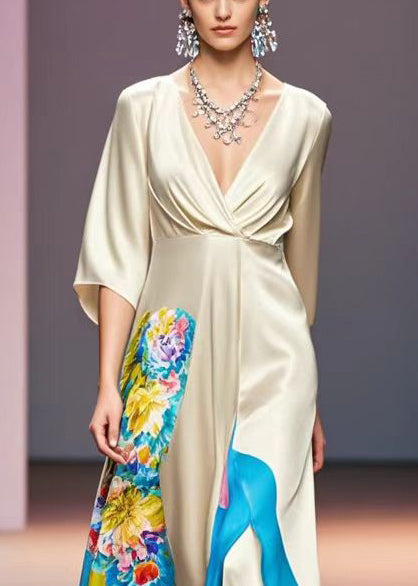 Champagne V Neck Print Silk Robe Dresses Bracelet Sleeve