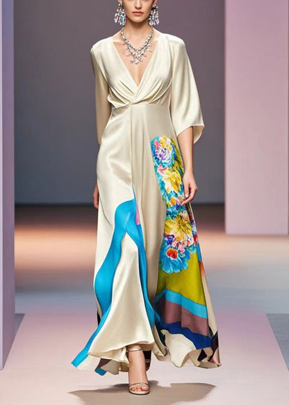 Champagne V Neck Print Silk Robe Dresses Bracelet Sleeve
