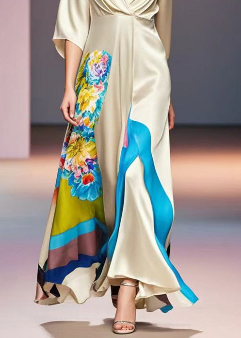 Champagne V Neck Print Silk Robe Dresses Bracelet Sleeve