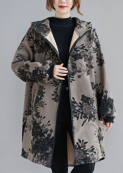 Charcoal Grey Hooded Print Pockets Patchwork Thick Coats Fall