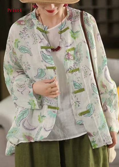 Women Chinese Button Print Linen Shirt Top Long Sleeve