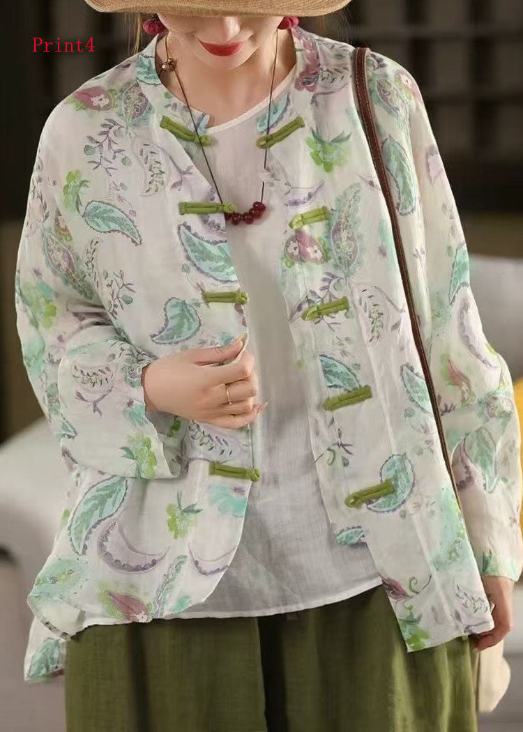 Chinese Button Print Linen Shirt Top Long Sleeve