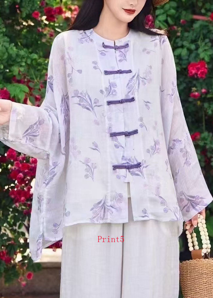 Chinese Button Print Linen Shirt Top Long Sleeve