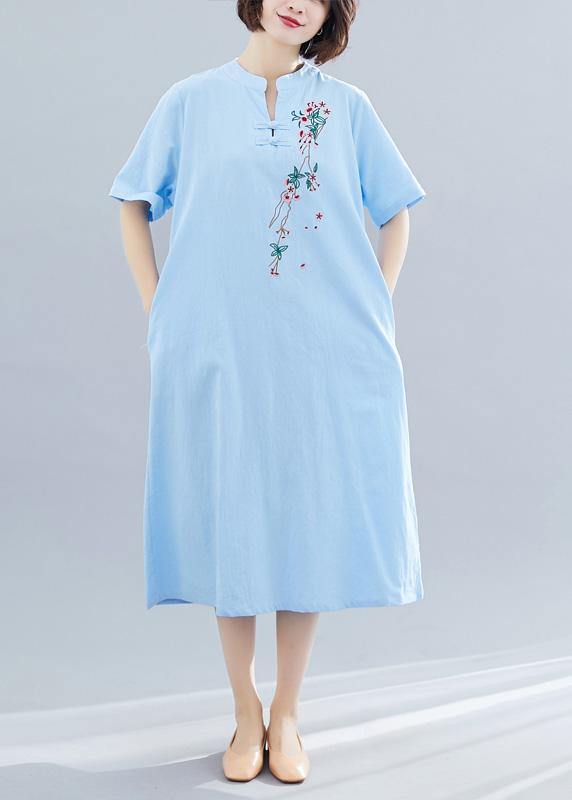 Chinese Button Cotton Tunics Shape Blue a Line Dress Summer
