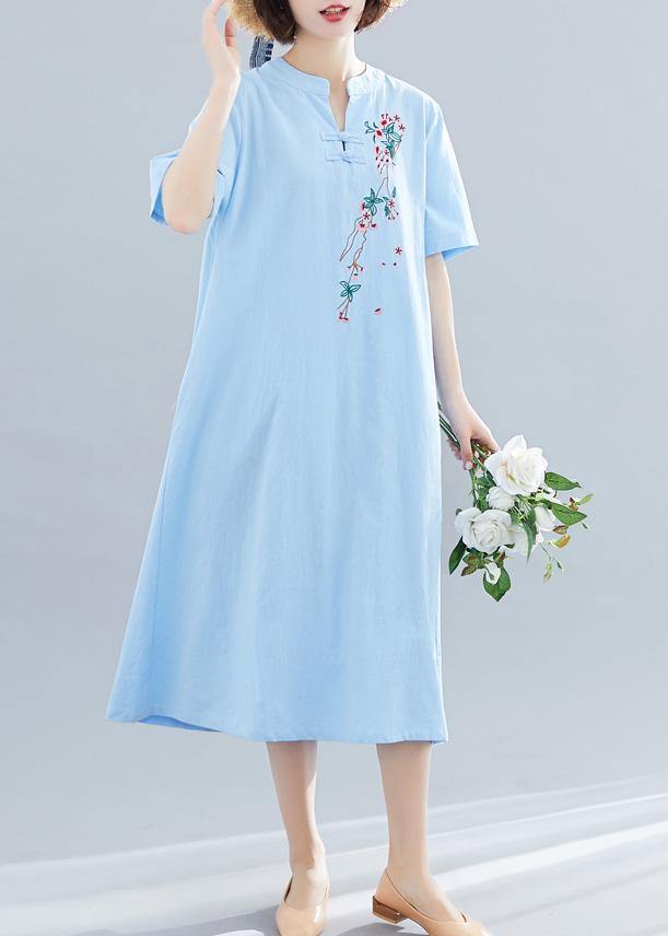 Chinese Button Cotton Tunics Shape Blue a Line Dress Summer