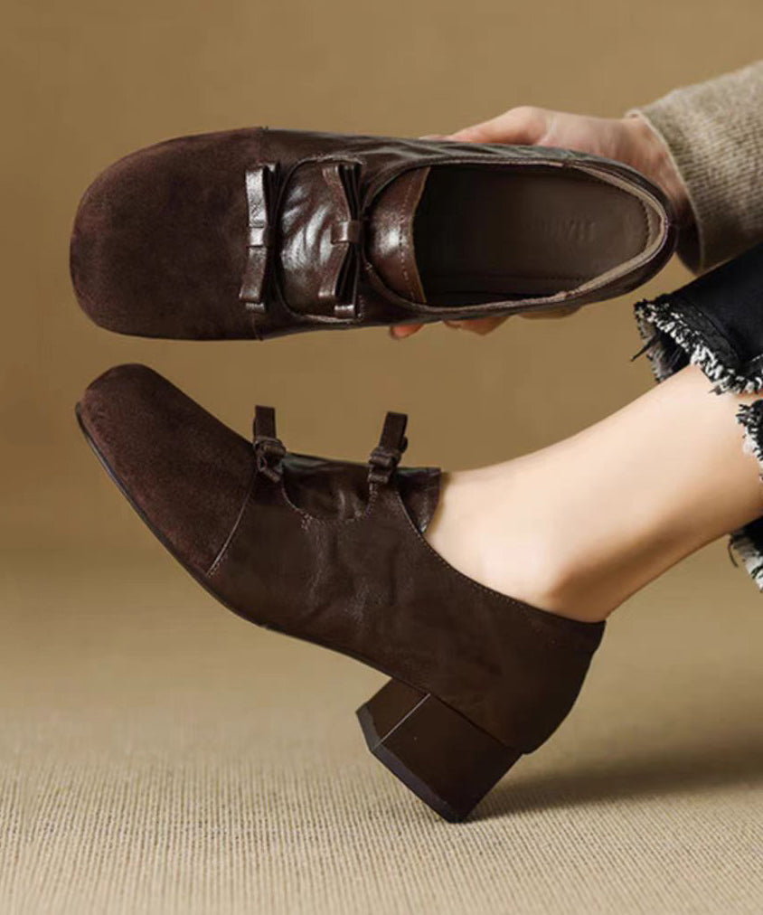 Chocolate Chunky Suede Bow Splicing Loafers