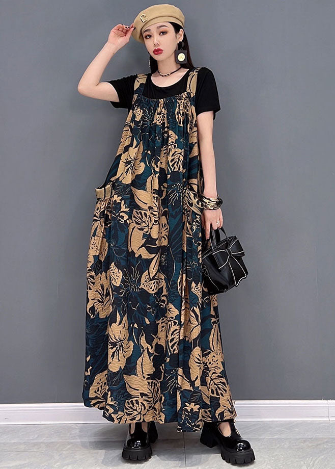 Chocolate Big Pockets Side Open Print Cotton Long Dresses Summer
