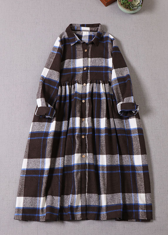 Chocolate Blue Plaid Button Cotton Dress Winter