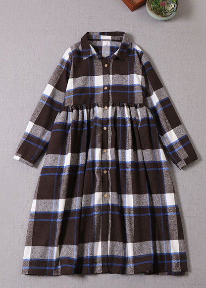 Chocolate Blue Plaid Button Cotton Dress Winter