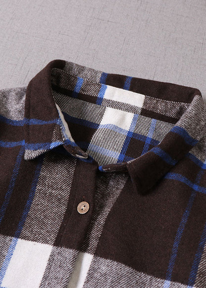 Chocolate Blue Plaid Button Cotton Dress Winter