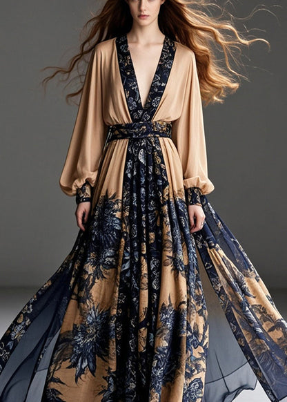 Coffee Cinched Print Chiffon Party Dress Exra Large Hem Spring