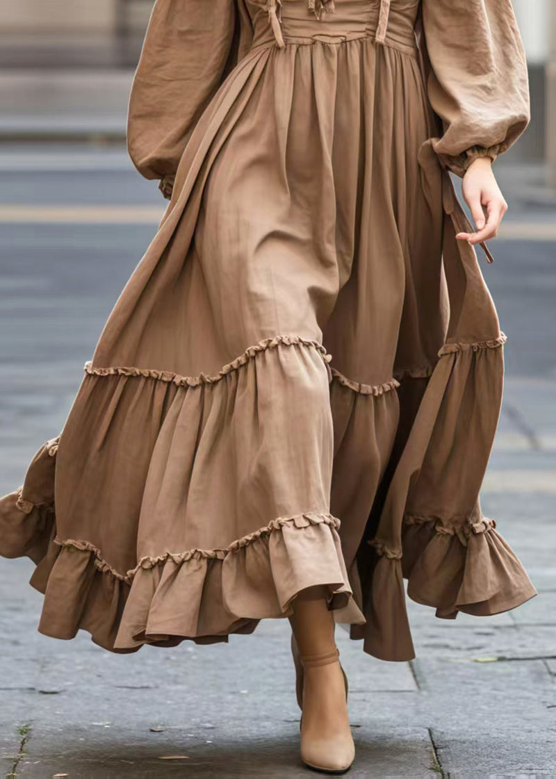 Coffee Cold Shoulder Exra Large Hem Maxi Dresses Spring