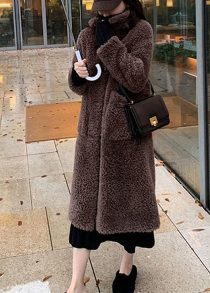 Chocolate Colour Stand Collar Button Faux Fur Maxi Coats Winter