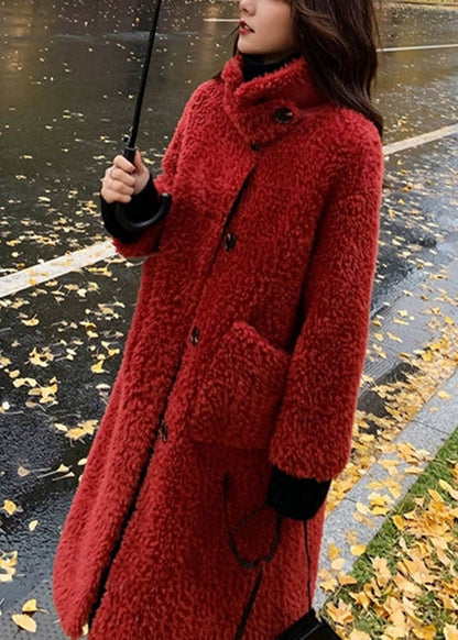 Chocolate Colour Stand Collar Button Faux Fur Maxi Coats Winter