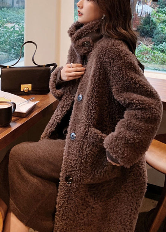 Chocolate Colour Stand Collar Button Faux Fur Maxi Coats Winter