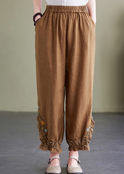 Coffee Embroideried Elastic Waist Linen Crop Pants Summer