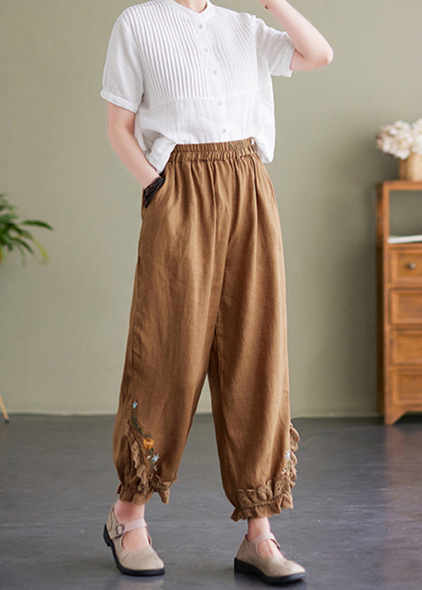 Coffee Embroideried Elastic Waist Linen Crop Pants Summer