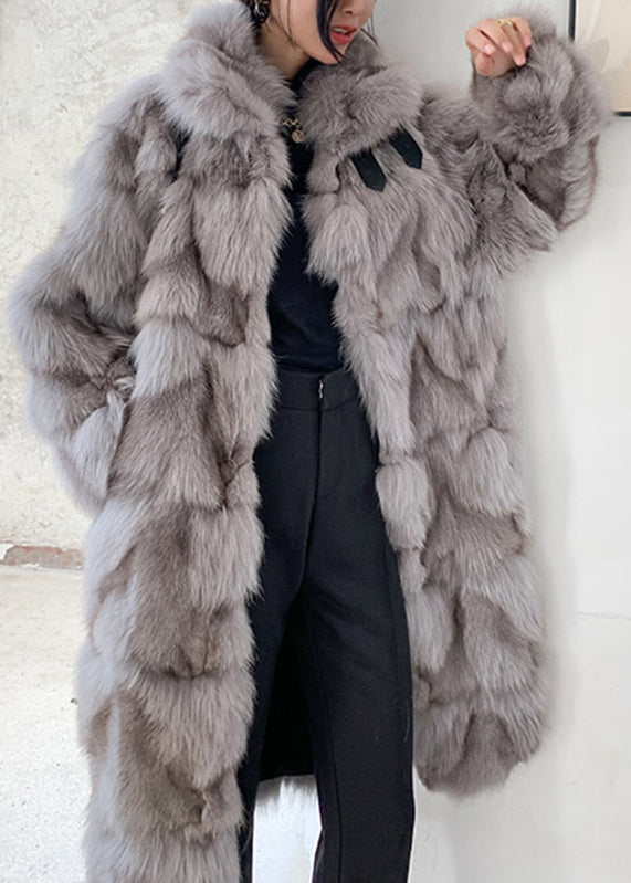 Coffee Fox Collar Pockets Leather and Fur Long Coats Spring